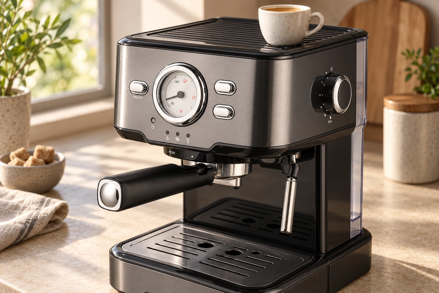 Close view of the Sirena Prestige temperature dial, cup warmer and controls