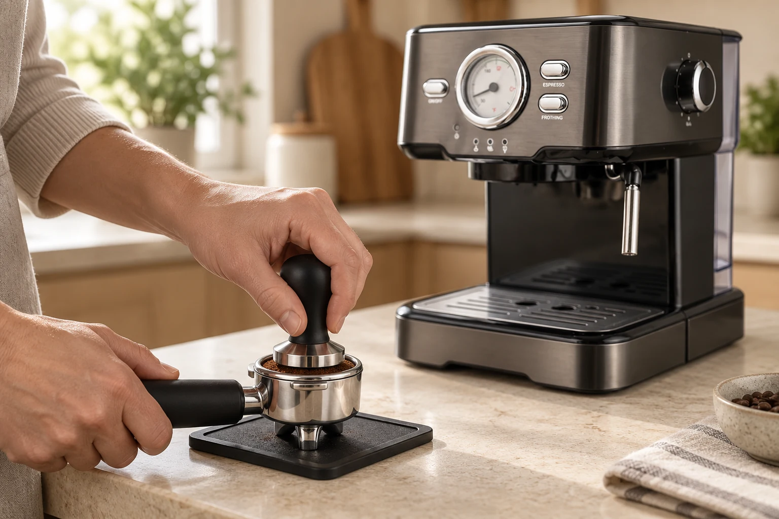 Tamping ground coffee in the Sirena Prestige portafilter