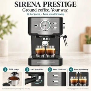 Sirena Prestige Espresso: Ground coffee. Your way.