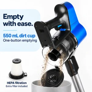 Sirena ProFlex 550 mL dirt cup with one-button emptying and extra HEPA filter