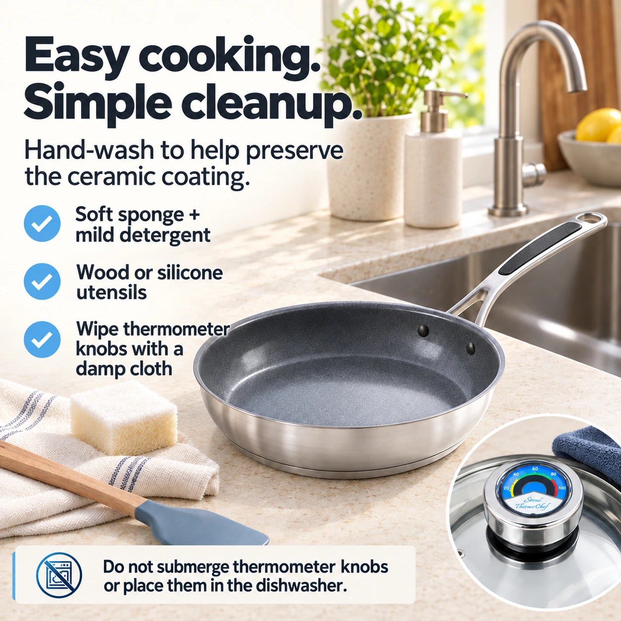 Sirena ThermoChef cookware care: gentle hand washing and suitable utensils
