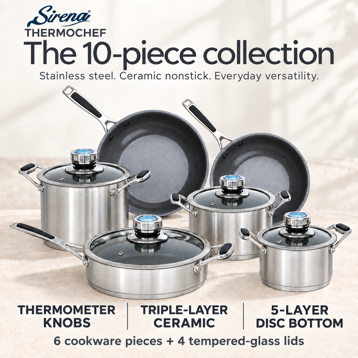 Sirena ThermoChef 10-piece stainless steel ceramic nonstick cookware collection