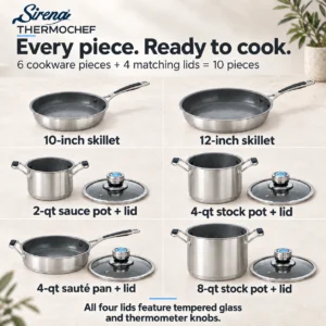 Sirena ThermoChef set contents: six cookware pieces and four glass lids