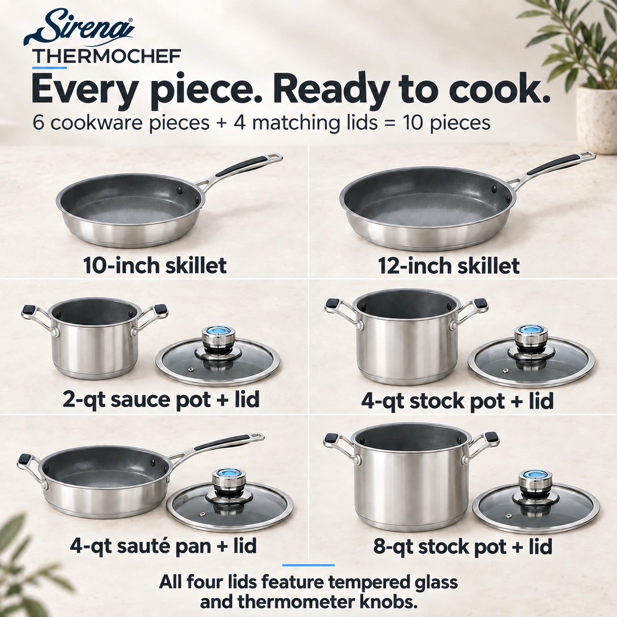 Sirena ThermoChef set contents: six cookware pieces and four glass lids