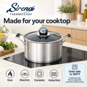 Sirena ThermoChef cooktop compatibility and 350-degree Fahrenheit oven-use guidance without lids or knobs