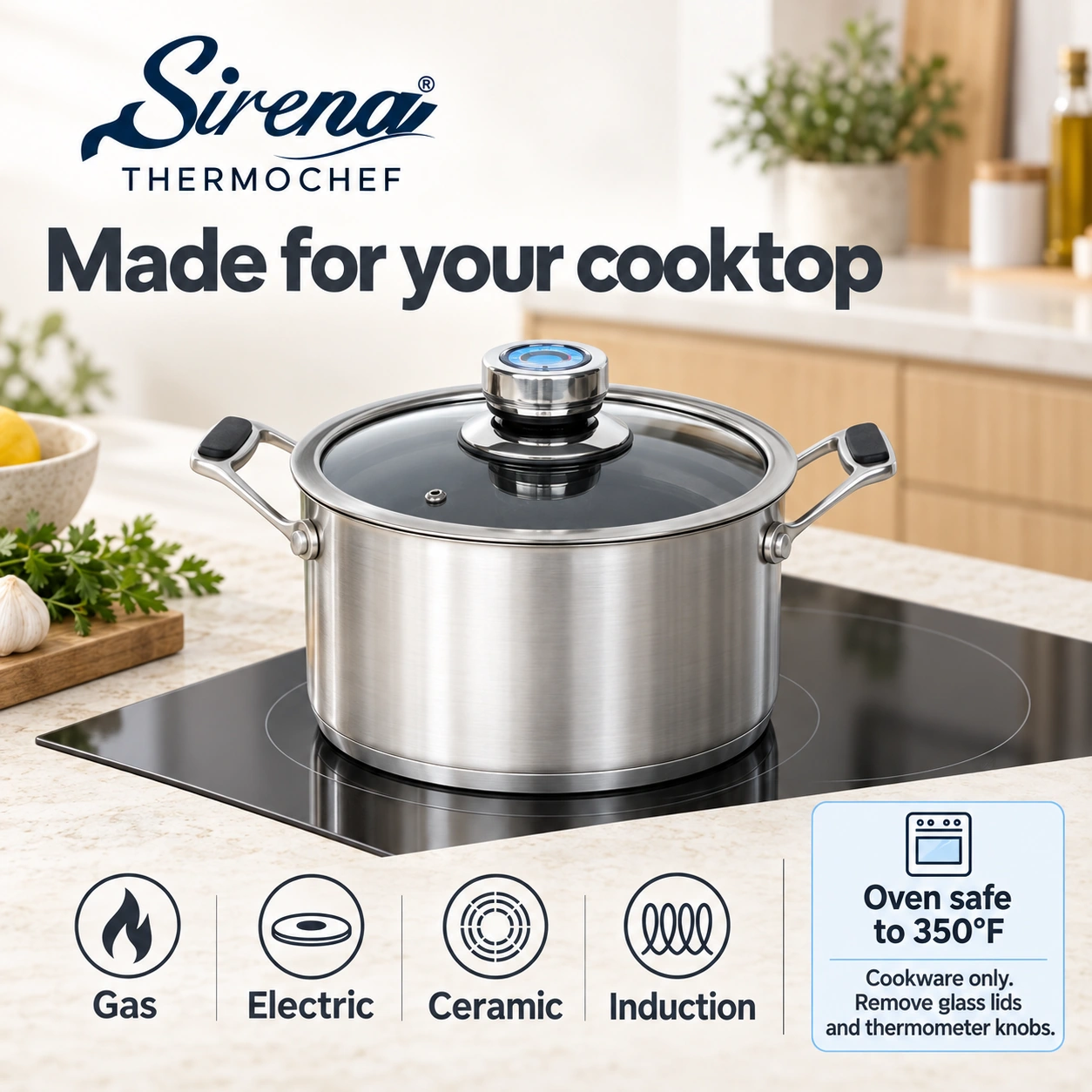 Sirena ThermoChef cooktop compatibility and 350-degree Fahrenheit oven-use guidance without lids or knobs