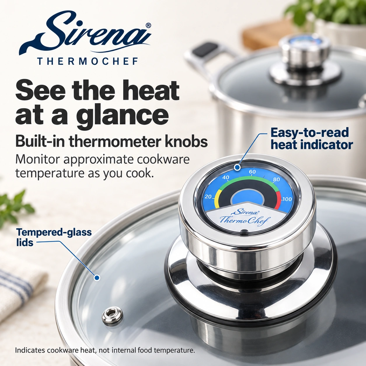 Sirena ThermoChef tempered glass lid and cookware-temperature thermometer knob